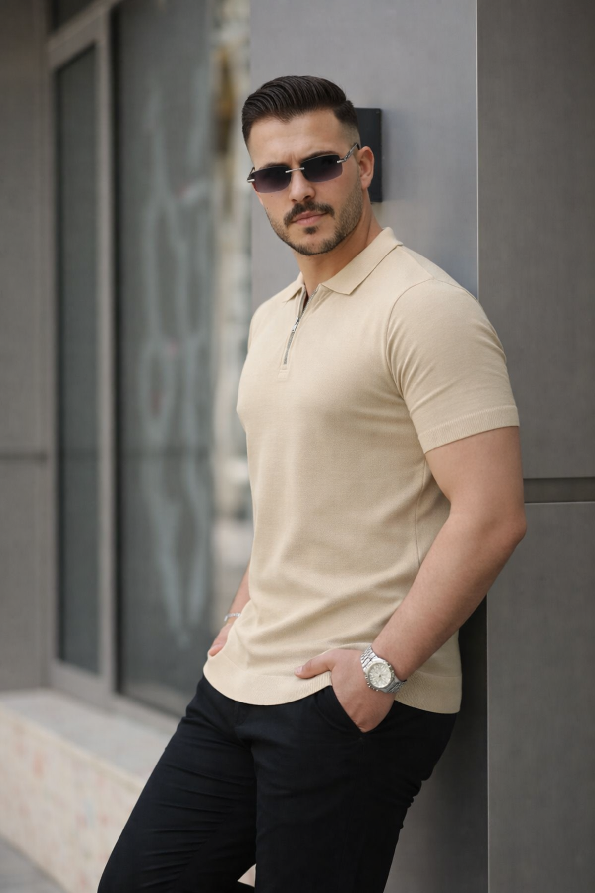 Erkek Fermuarlı Polo Yaka Slim Fit Triko T-Shirt