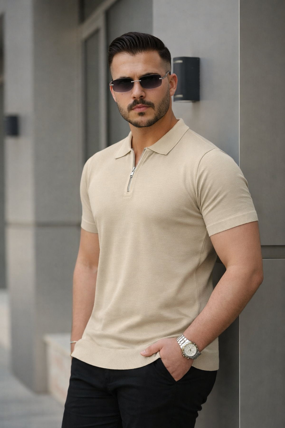 Erkek Fermuarlı Polo Yaka Slim Fit Triko T-Shirt