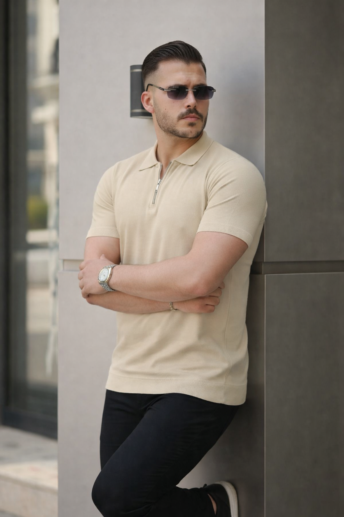 Erkek Fermuarlı Polo Yaka Slim Fit Triko T-Shirt