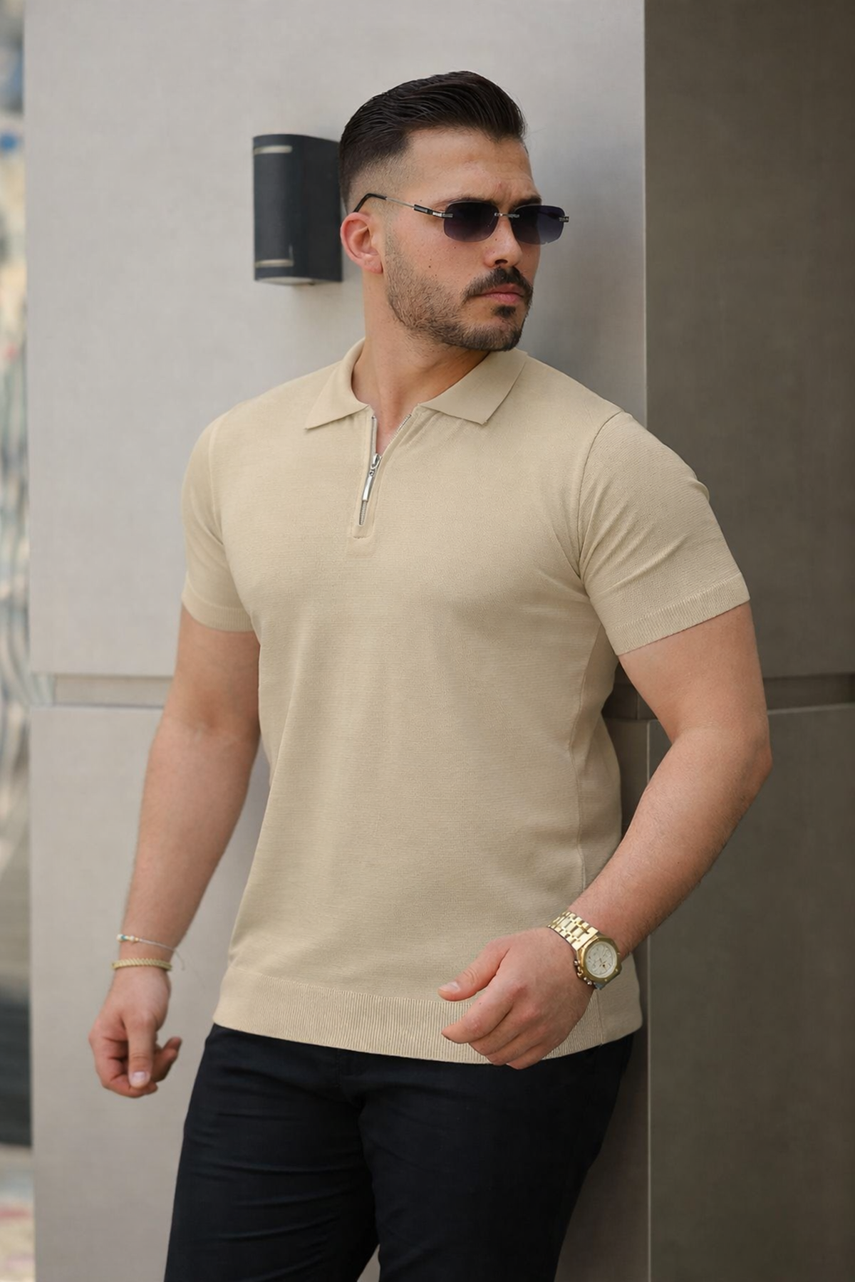 Erkek Fermuarlı Polo Yaka Slim Fit Triko T-Shirt