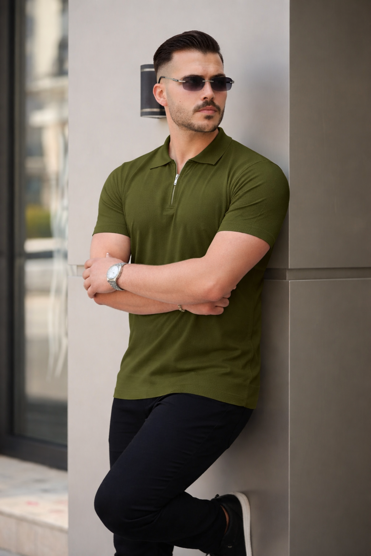 Erkek Fermuarlı Polo Yaka Slim Fit Triko T-Shirt