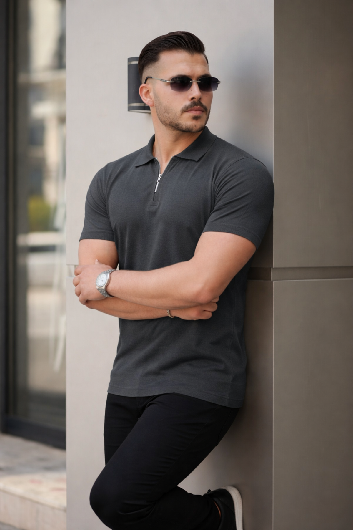 Erkek Fermuarlı Polo Yaka Slim Fit Triko T-Shirt