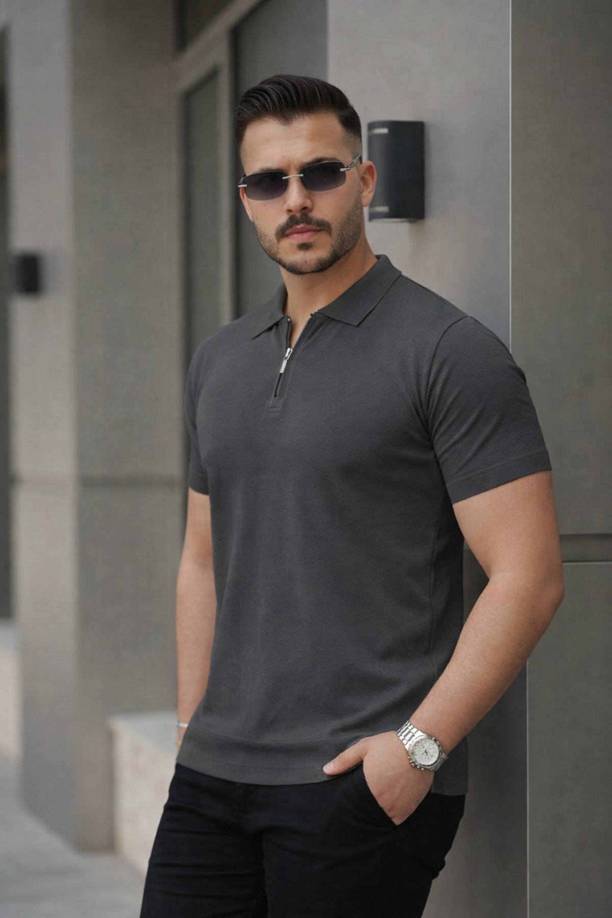 Erkek Fermuarlı Polo Yaka Slim Fit Triko T-Shirt