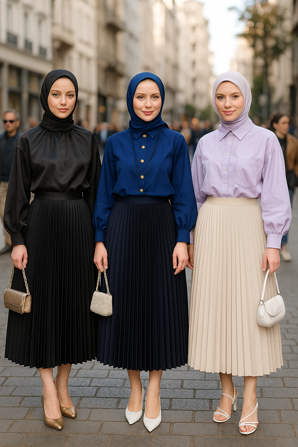 Kadın 3 Lü Paket Basic Pilise Bol Lastikli Uzun Etek