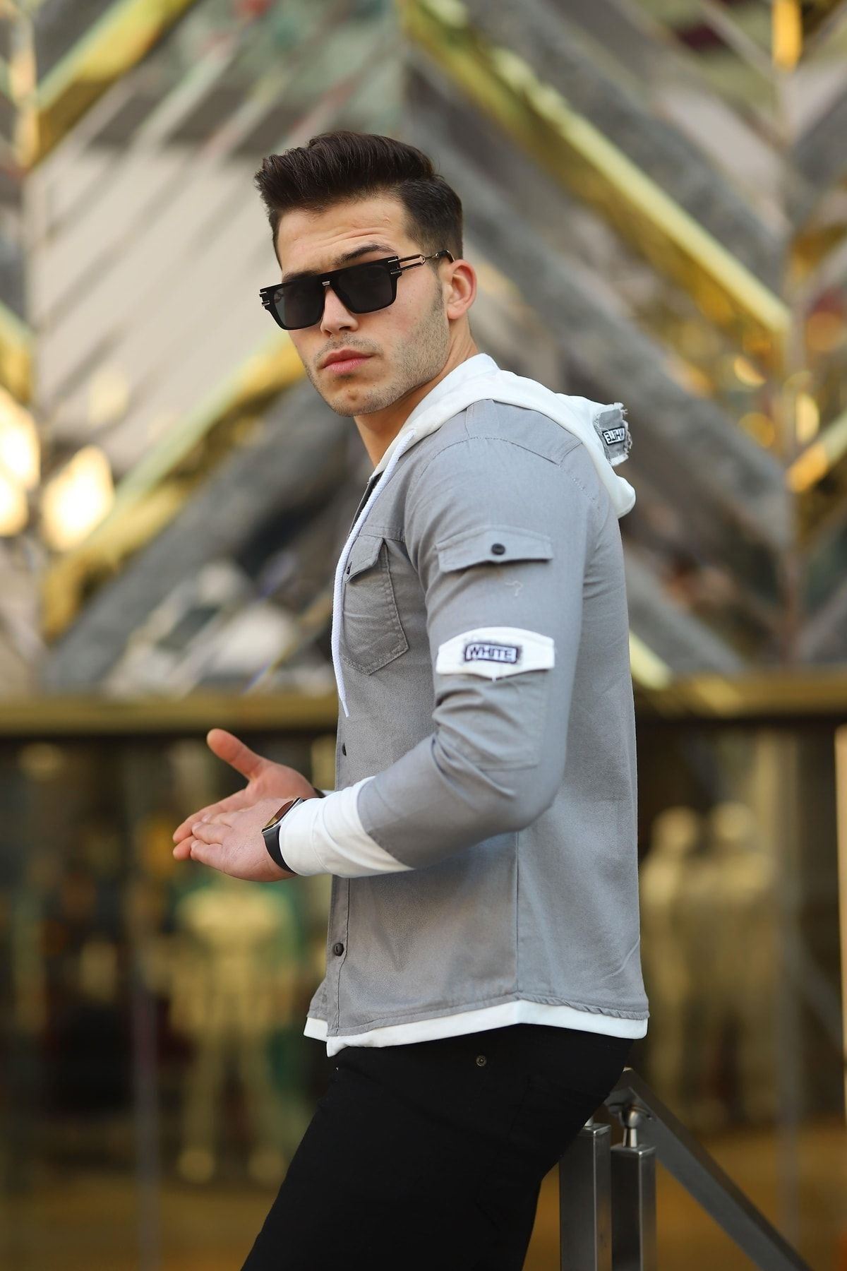 Erkek Slim Fit Penye Kapüşonlu Düğmeli Kot Gömlek