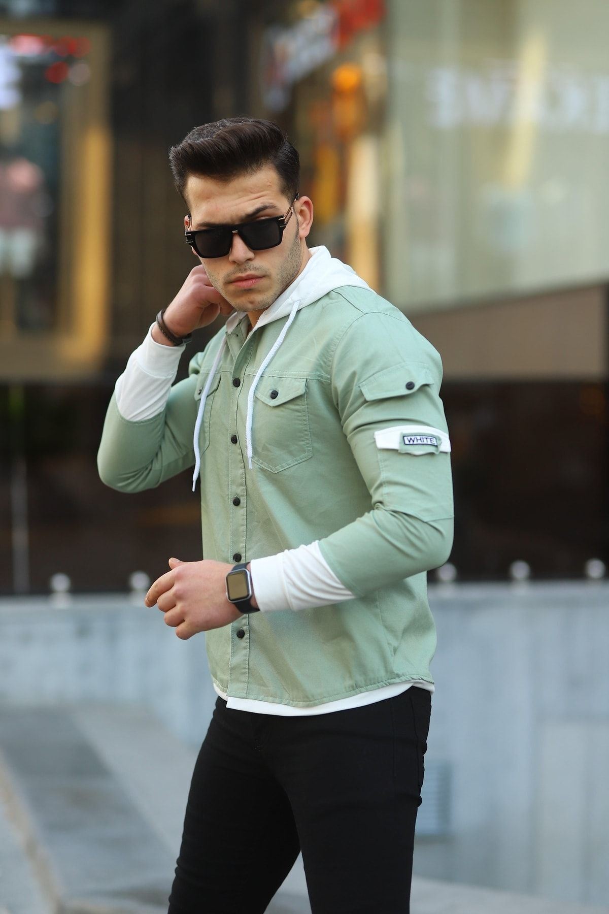 Erkek Slim Fit Penye Kapüşonlu Düğmeli Kot Gömlek