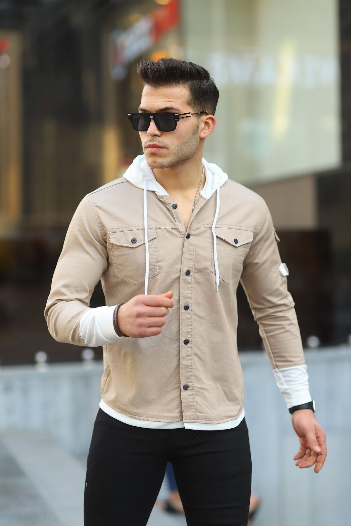 Erkek Slim Fit Penye Kapüşonlu Düğmeli Kot Gömlek