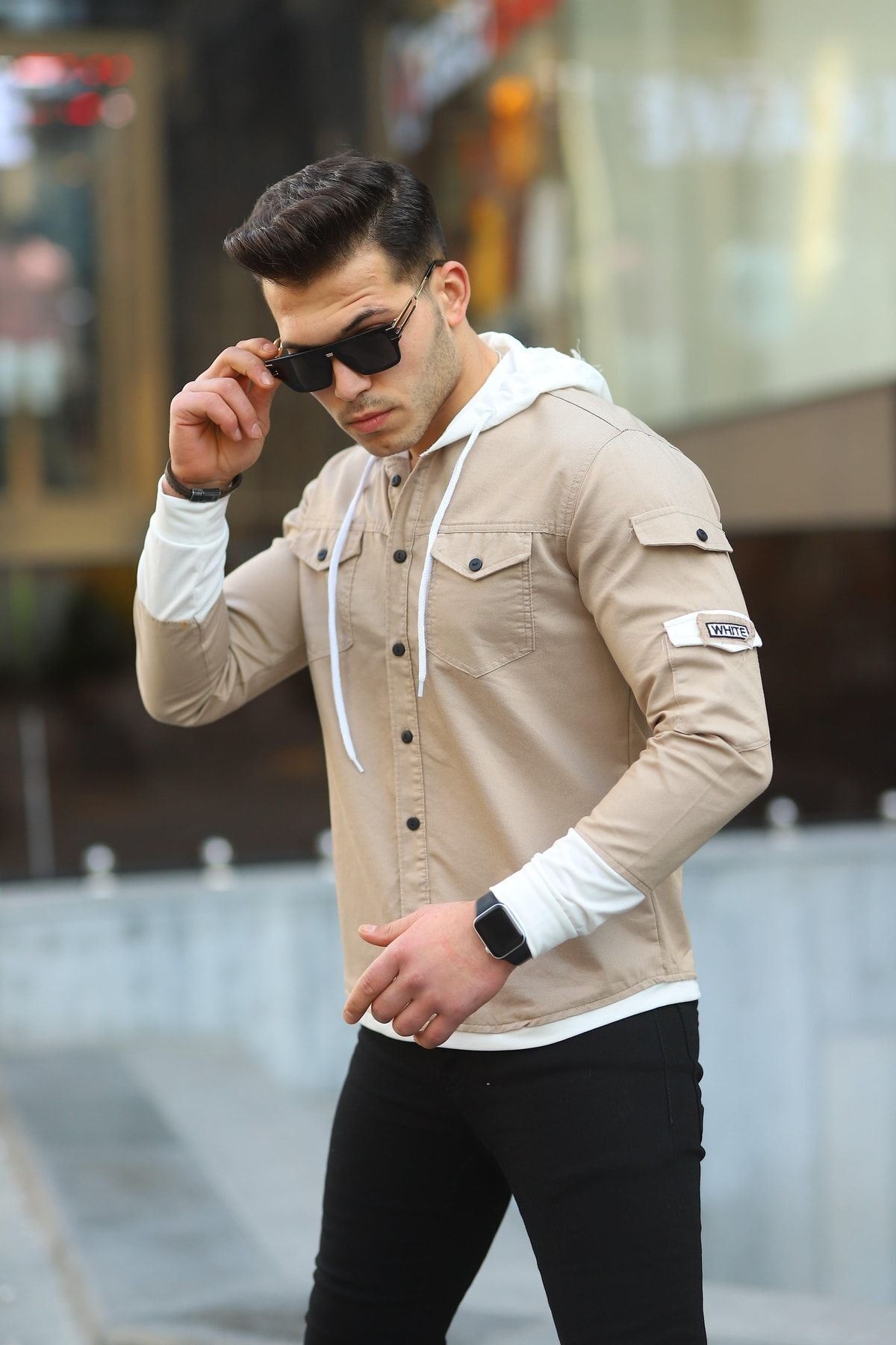 Erkek Slim Fit Penye Kapüşonlu Düğmeli Kot Gömlek