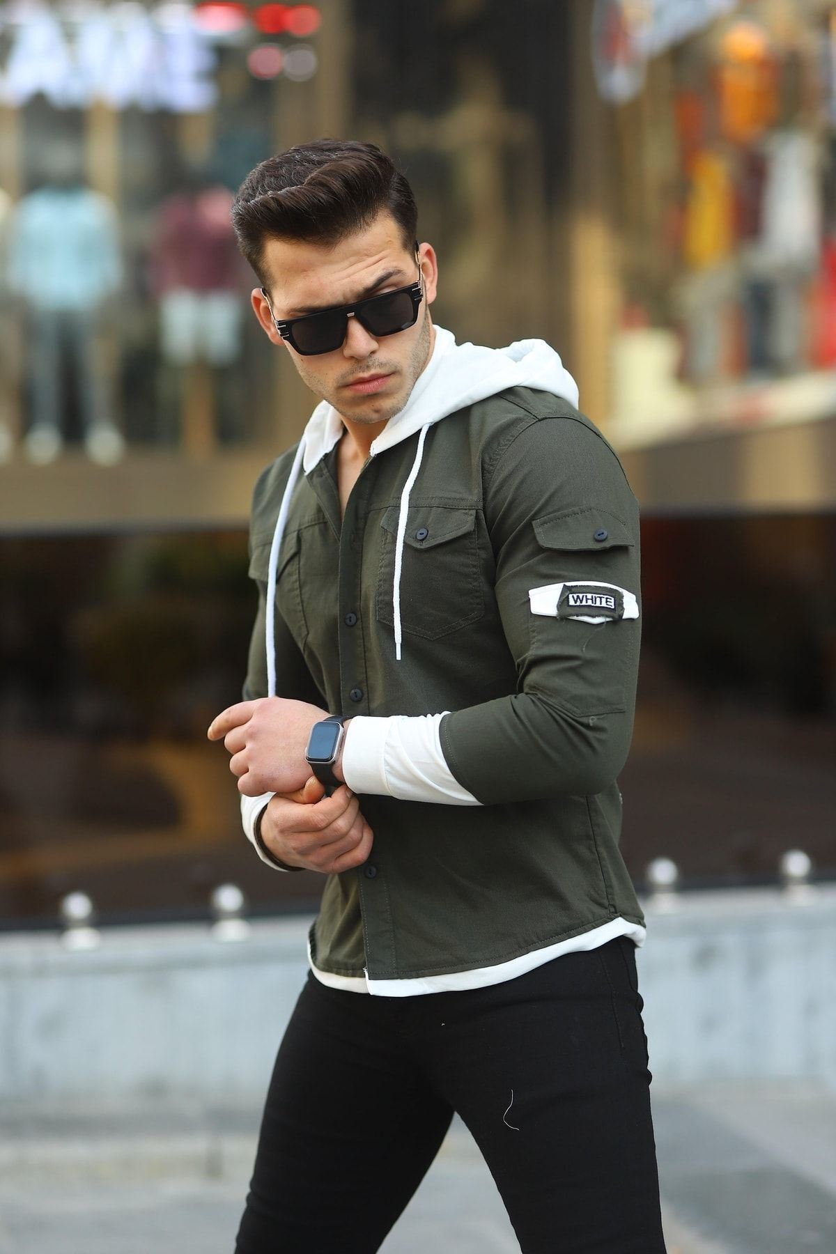 Erkek Slim Fit Penye Kapüşonlu Düğmeli Kot Gömlek