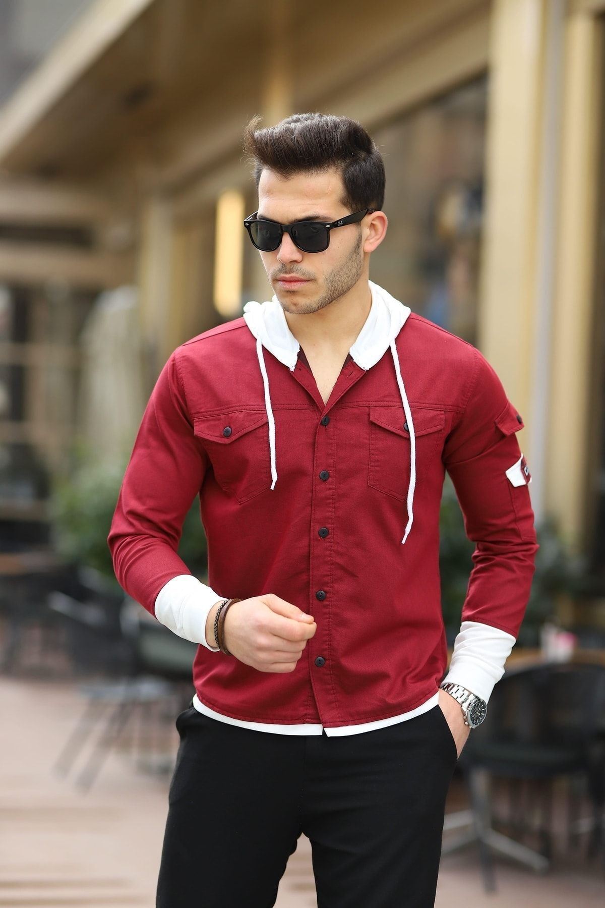 Erkek Slim Fit Penye Kapüşonlu Düğmeli Kot Gömlek