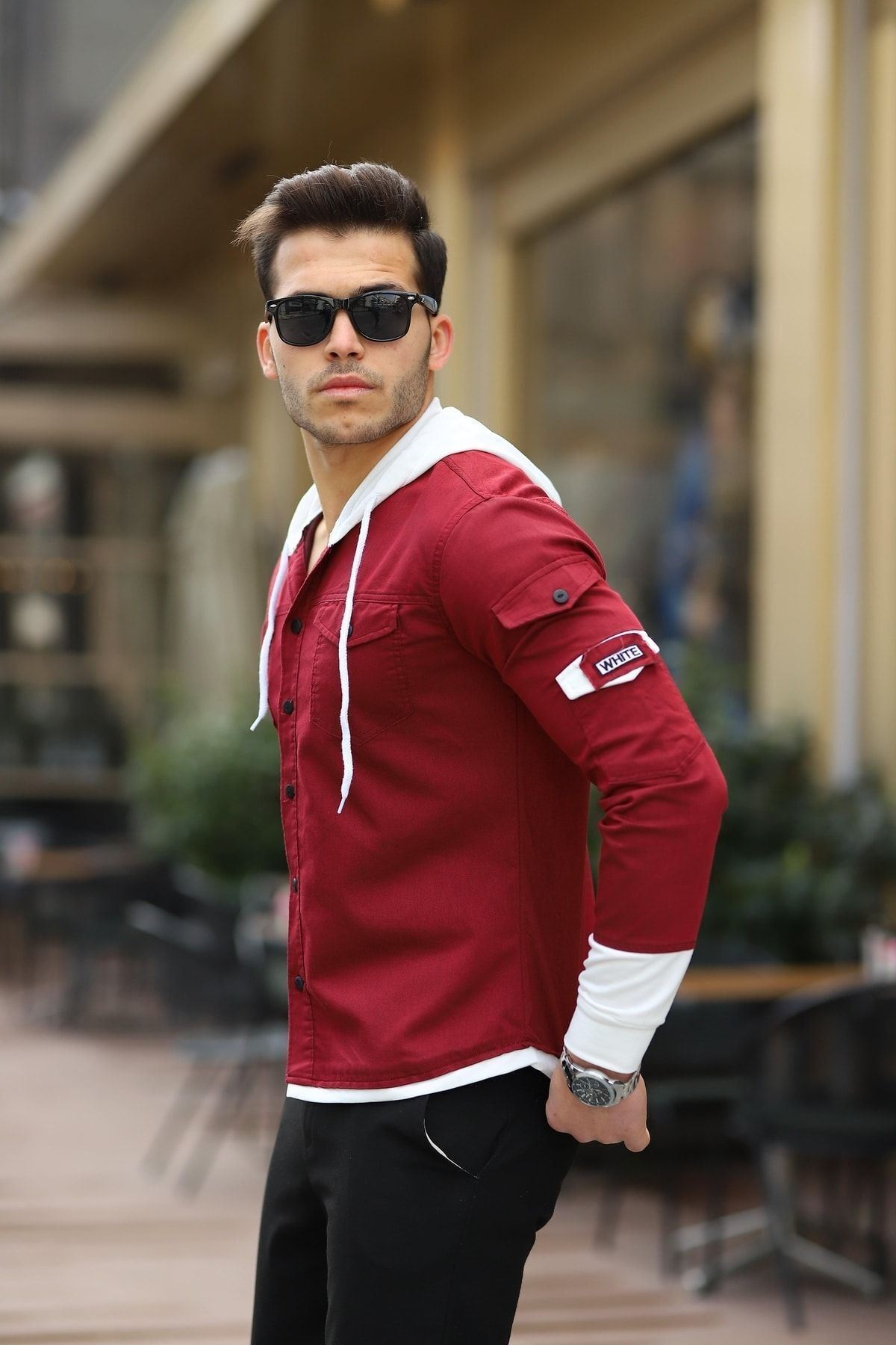 Erkek Slim Fit Penye Kapüşonlu Düğmeli Kot Gömlek