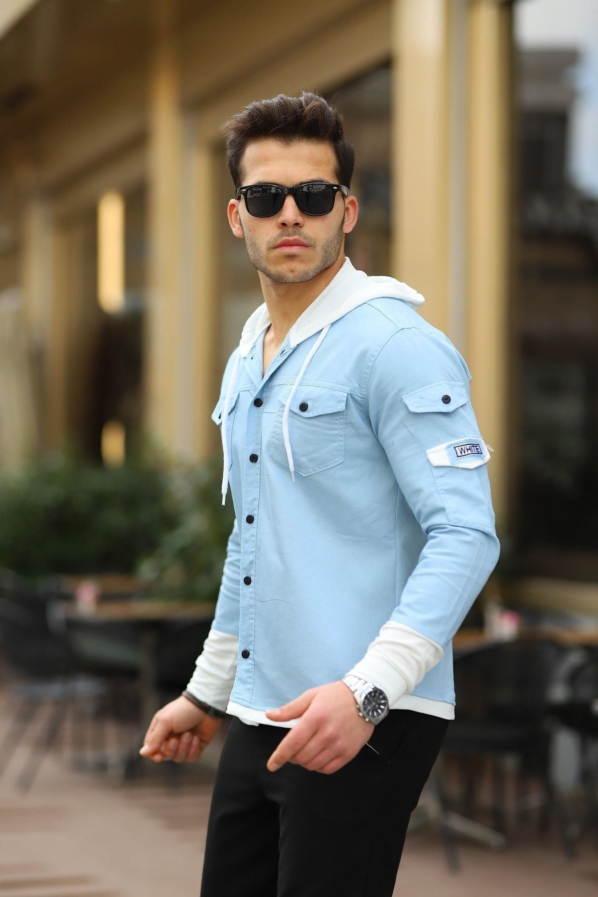 Erkek Slim Fit Penye Kapüşonlu Düğmeli Kot Gömlek