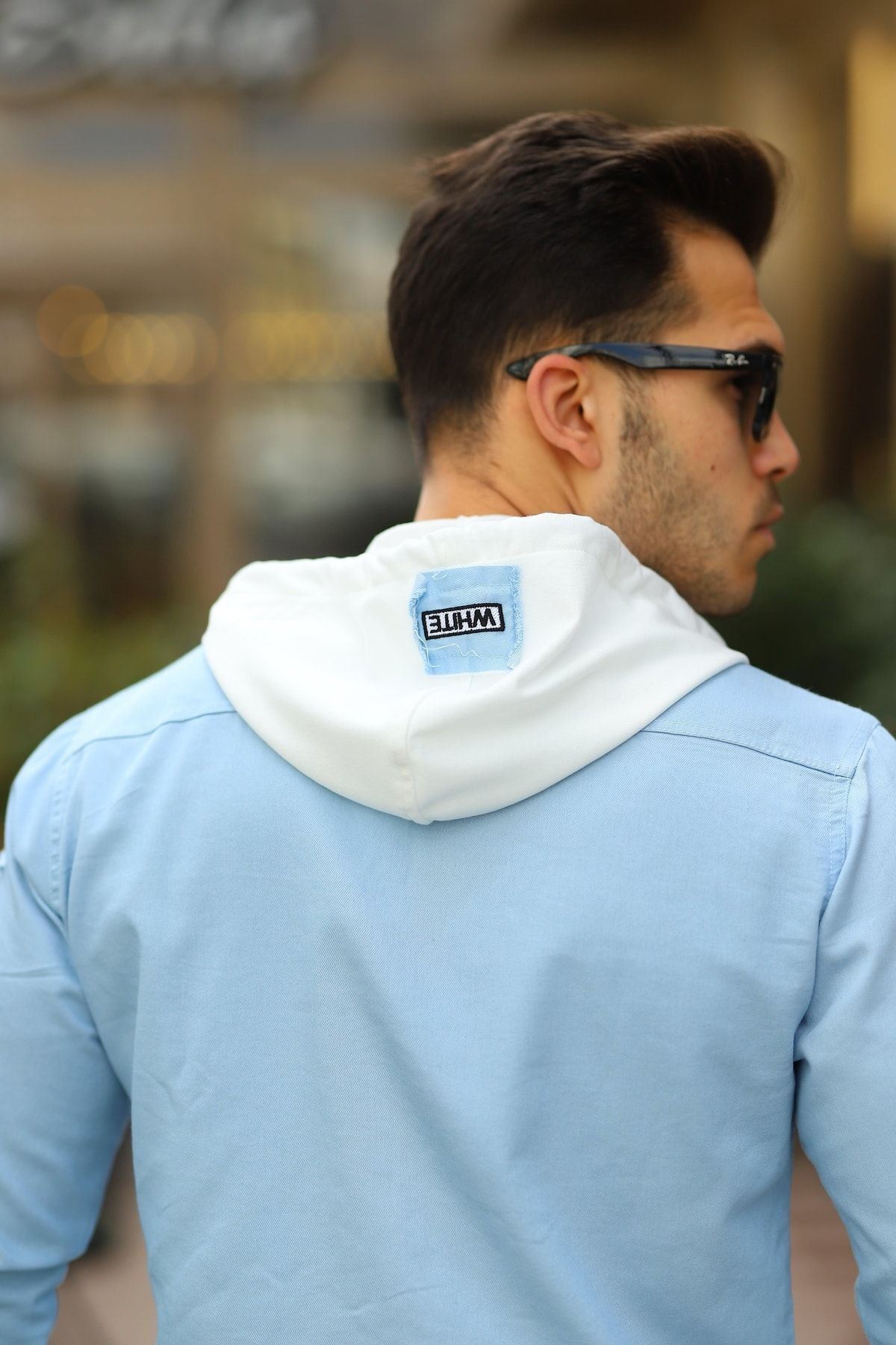 Erkek Slim Fit Penye Kapüşonlu Düğmeli Kot Gömlek