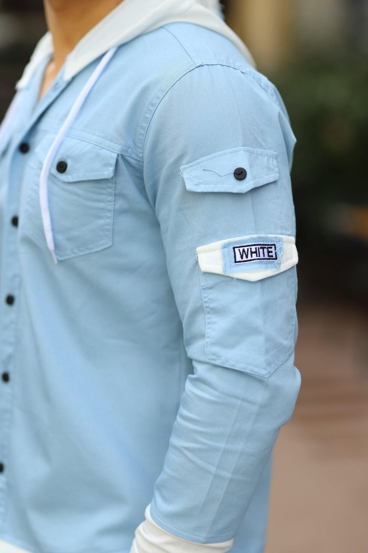 Erkek Slim Fit Penye Kapüşonlu Düğmeli Kot Gömlek