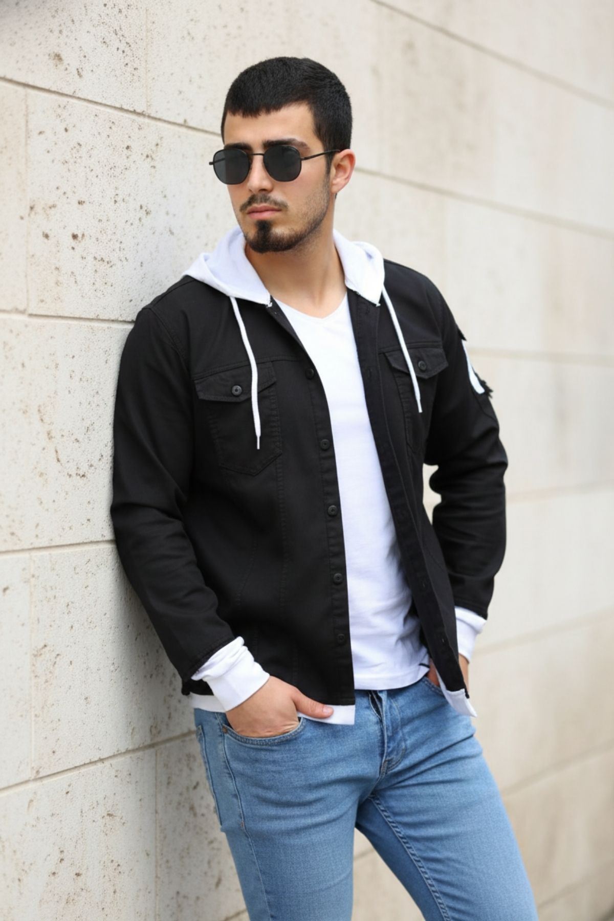 Erkek Slim Fit Penye Kapüşonlu Düğmeli Kot Gömlek