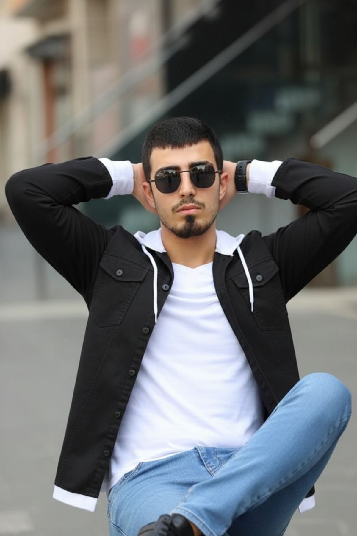 Erkek Slim Fit Penye Kapüşonlu Düğmeli Kot Gömlek