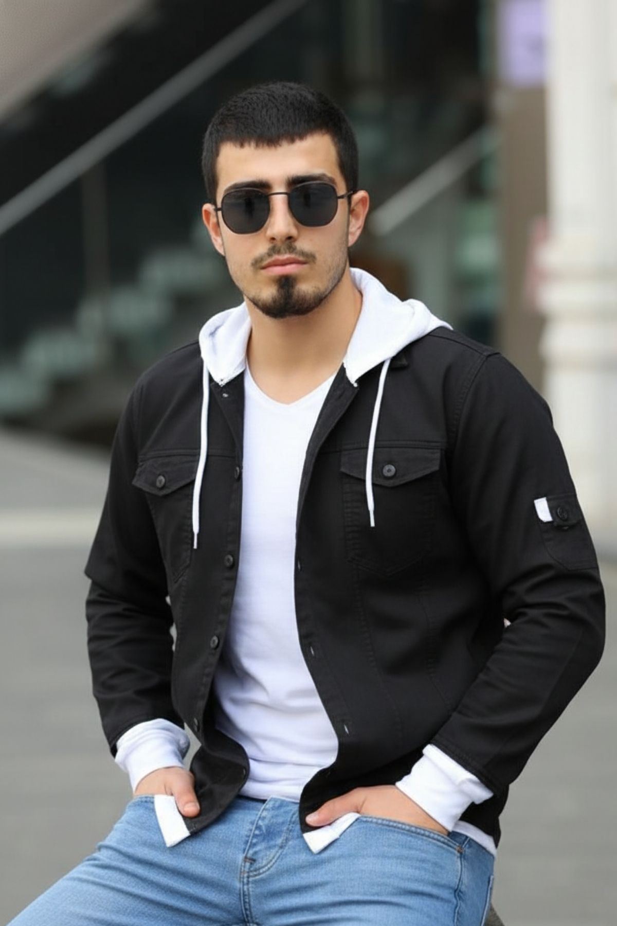 Erkek Slim Fit Penye Kapüşonlu Düğmeli Kot Gömlek