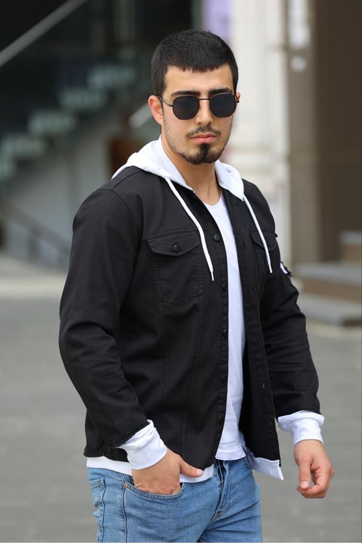 Erkek Slim Fit Penye Kapüşonlu Düğmeli Kot Gömlek