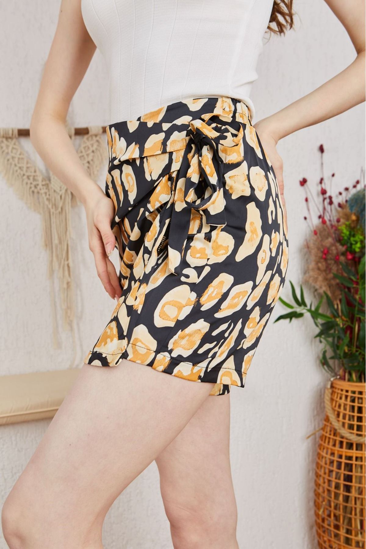 Kadın Leopar Desenli Yüksek Bel Bağlamalı Mini Etek