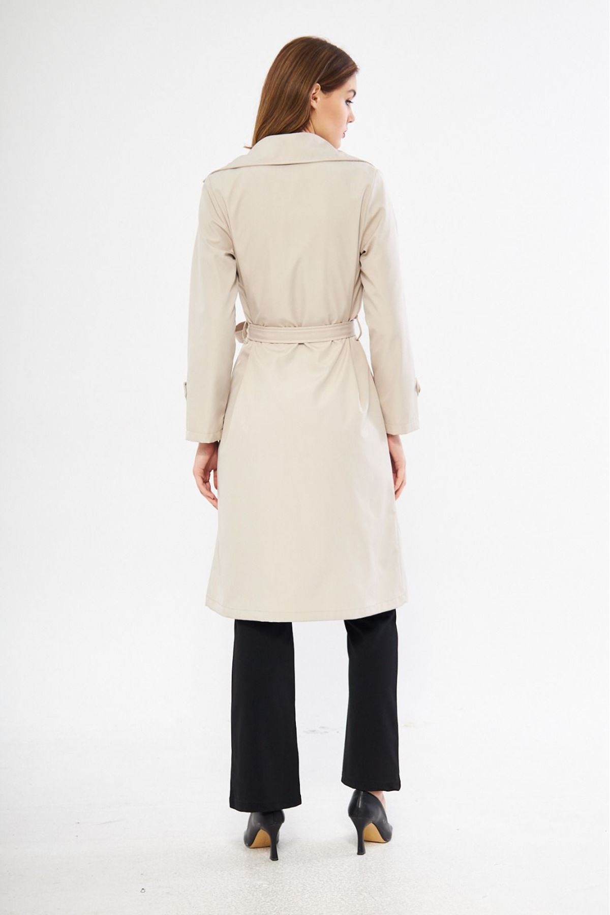 Kadın Basic Düğmeli Kuşaklı Cepli Uzun Krem Trençkot