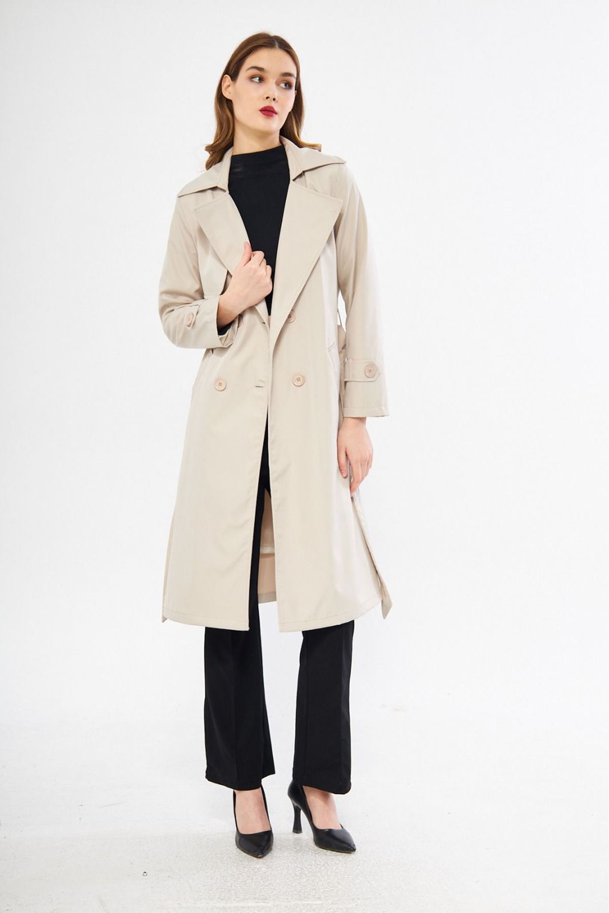 Kadın Basic Düğmeli Kuşaklı Cepli Uzun Krem Trençkot