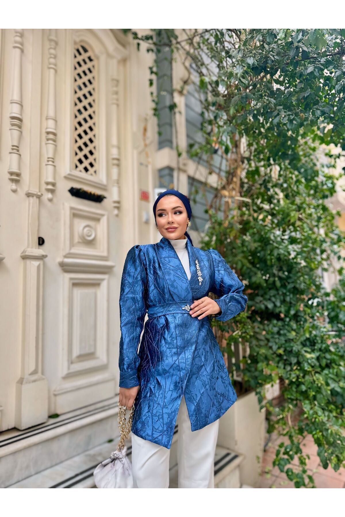 Kadın Taşlı Jakarlı Şık Kemerli Mavi Tonik Ceket