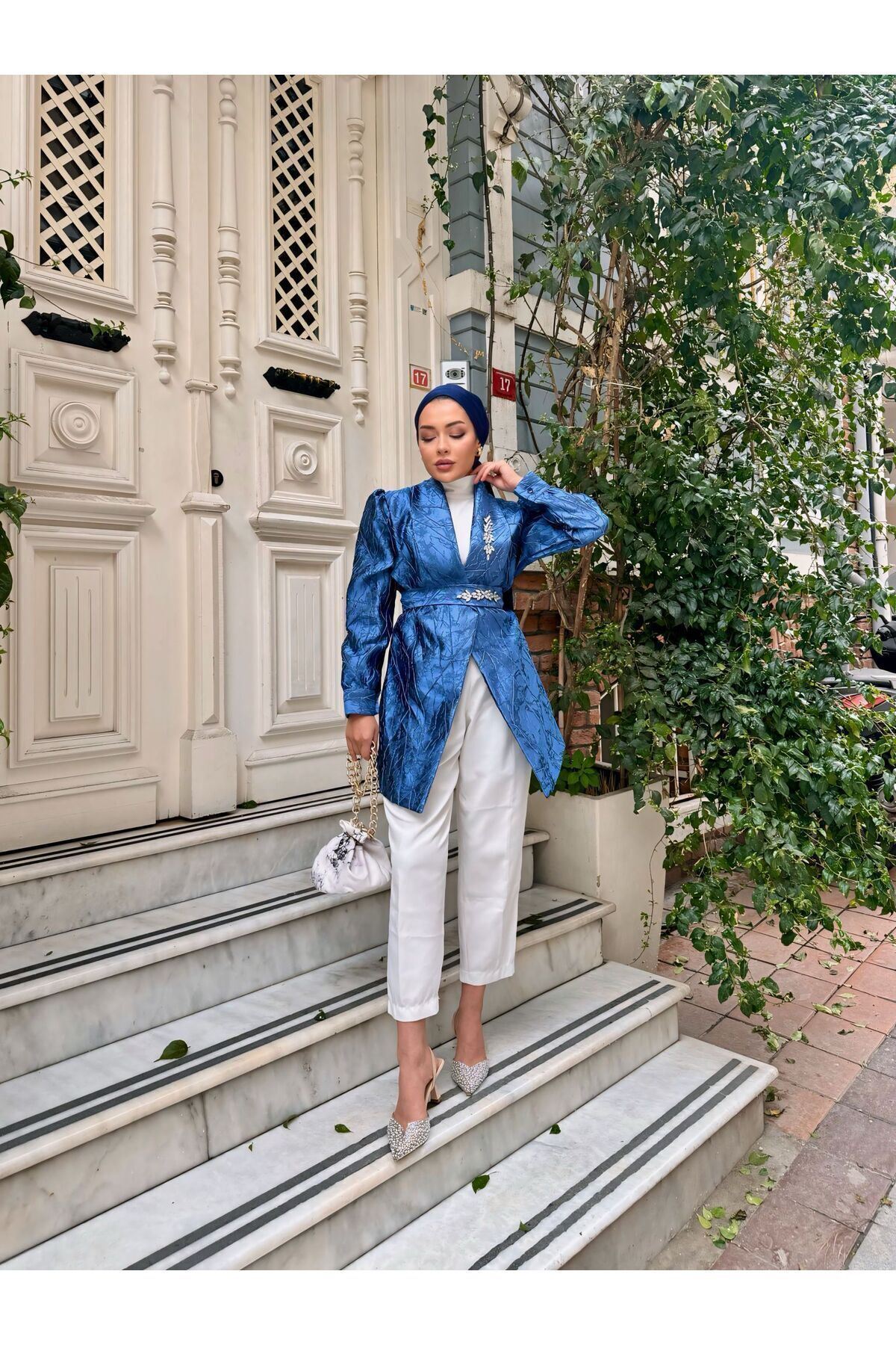 Kadın Taşlı Jakarlı Şık Kemerli Mavi Tonik Ceket