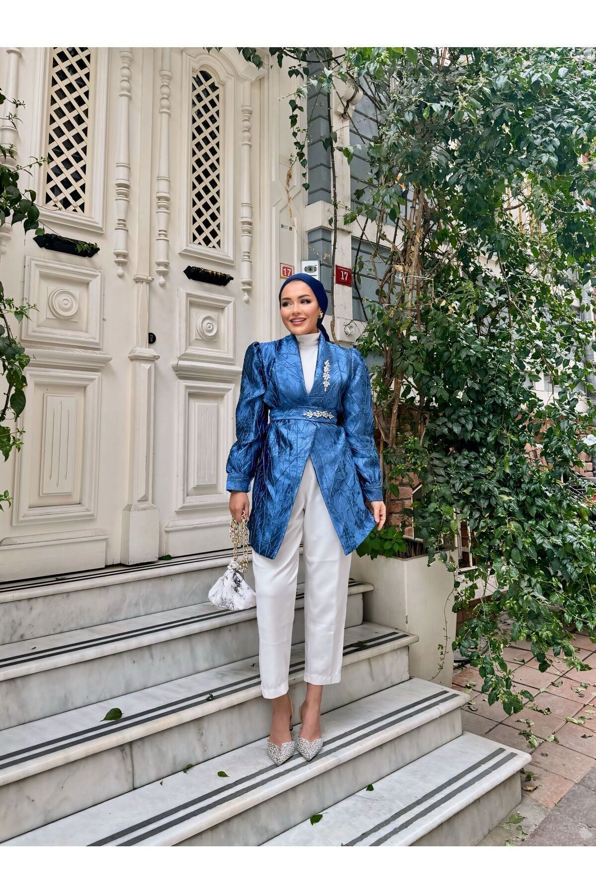 Kadın Taşlı Jakarlı Şık Kemerli Mavi Tonik Ceket