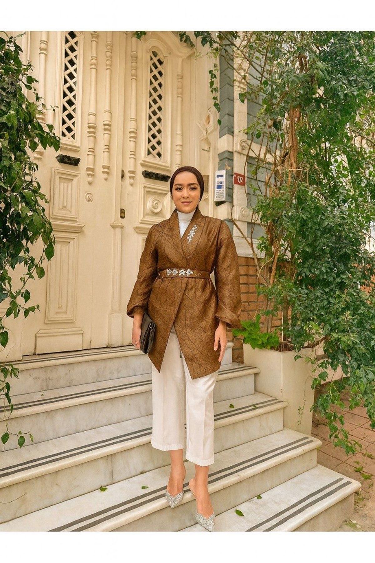 Kadın Taşlı Jakarlı Şık Kemerli Kahve Tonik Ceket