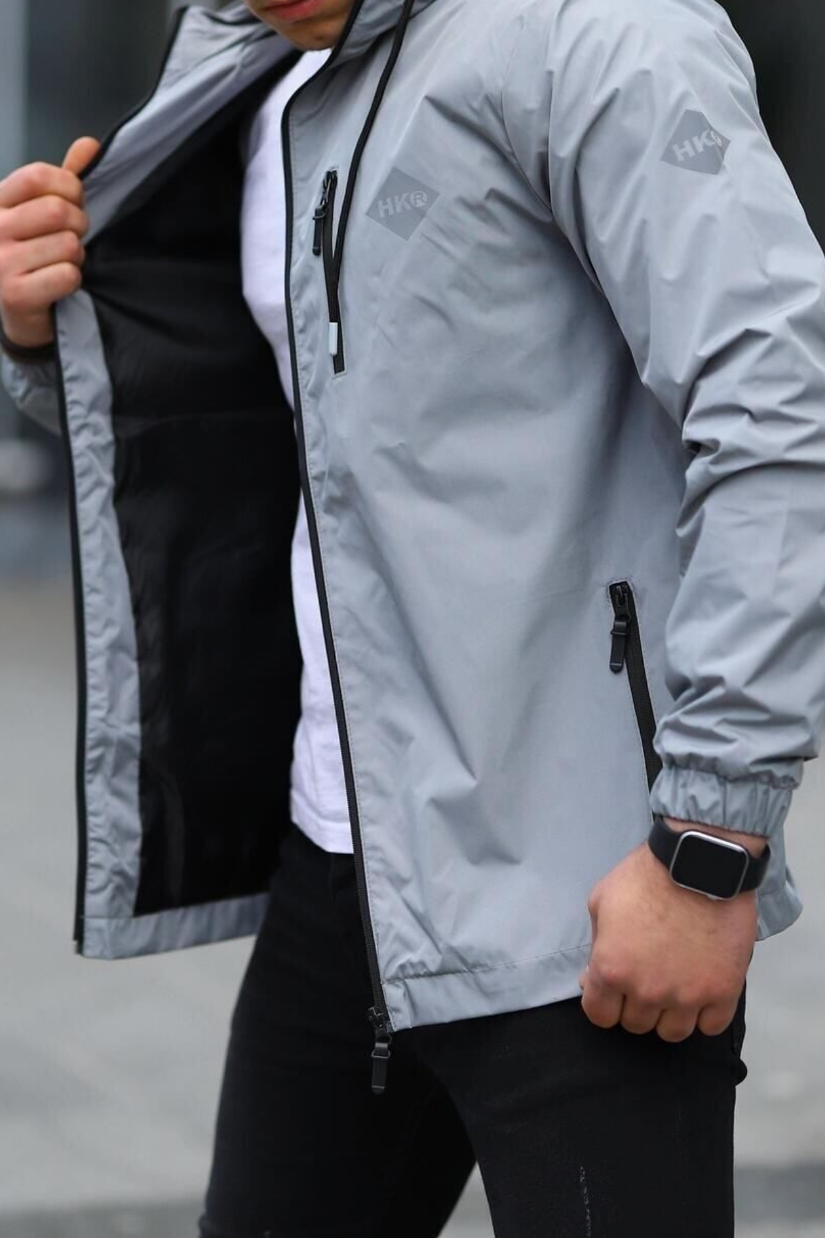 Erkek Astarlı Bol Cepli Gri Rüzgarlık & Yağmurluk