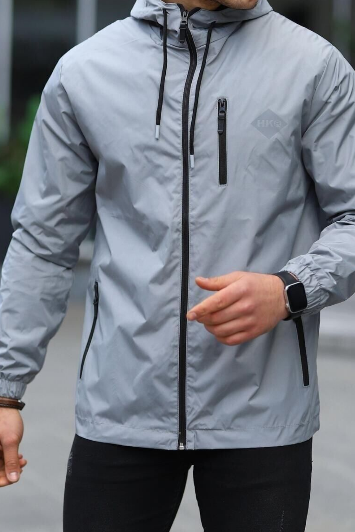 Erkek Astarlı Bol Cepli Gri Rüzgarlık & Yağmurluk