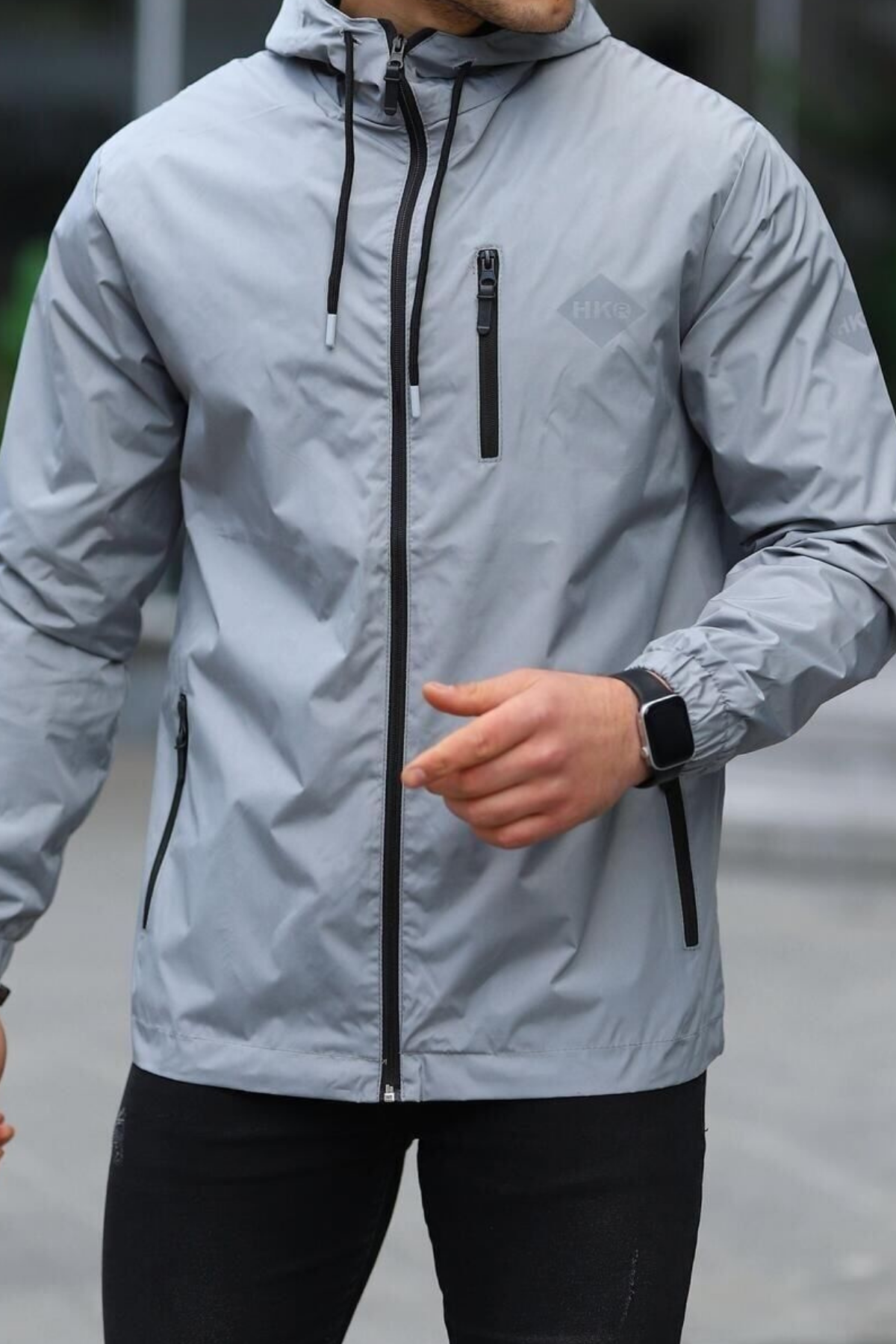 Erkek Astarlı Bol Cepli Gri Rüzgarlık & Yağmurluk