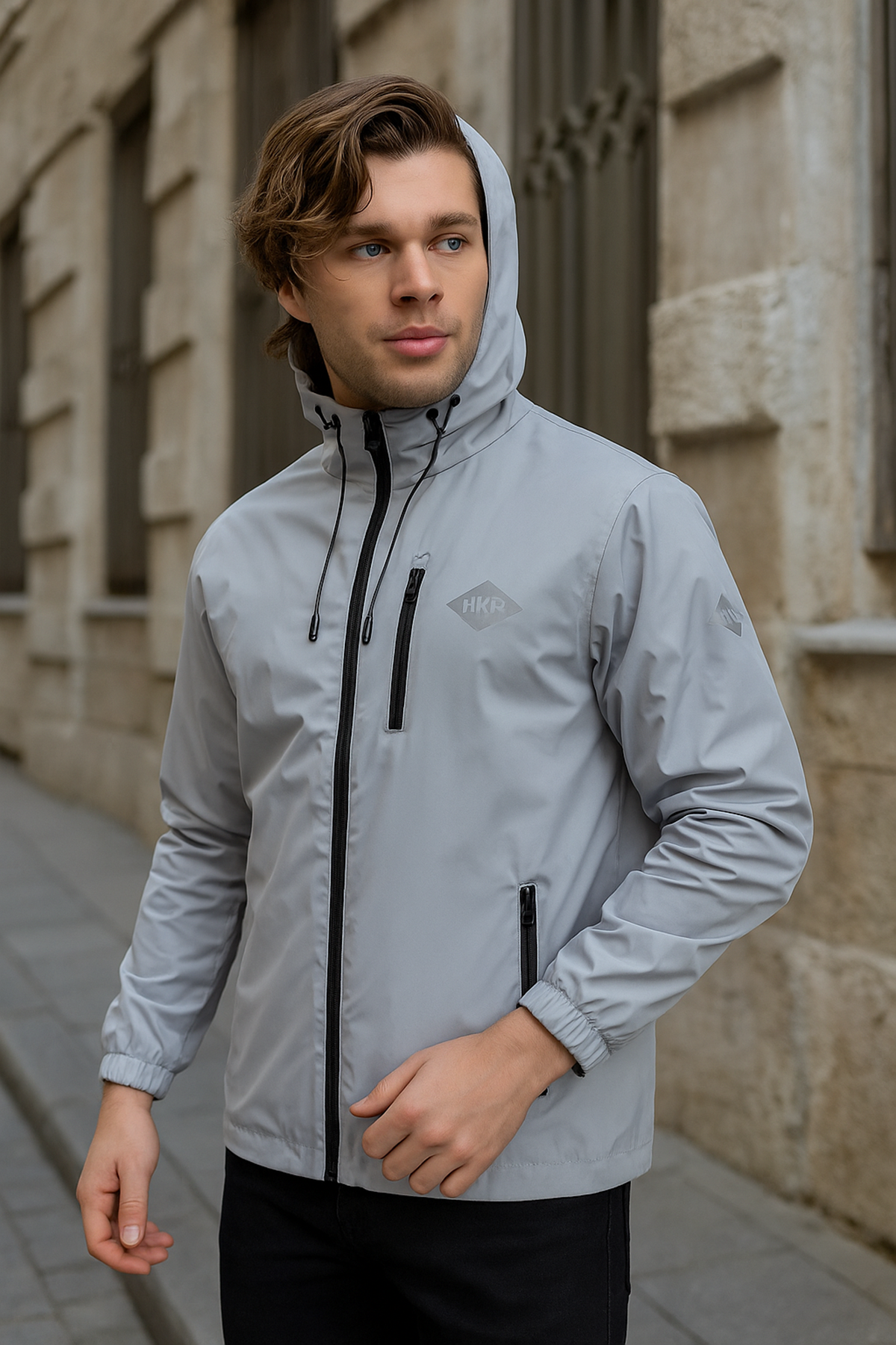 Erkek Astarlı Bol Cepli Gri Rüzgarlık & Yağmurluk