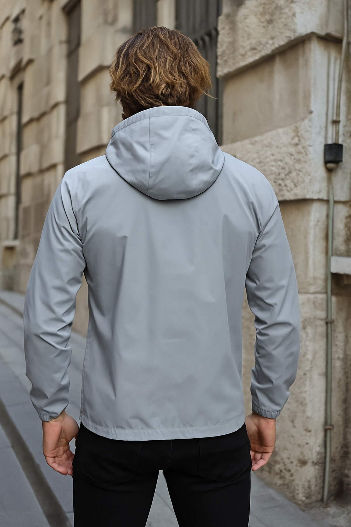 Erkek Astarlı Bol Cepli Gri Rüzgarlık & Yağmurluk