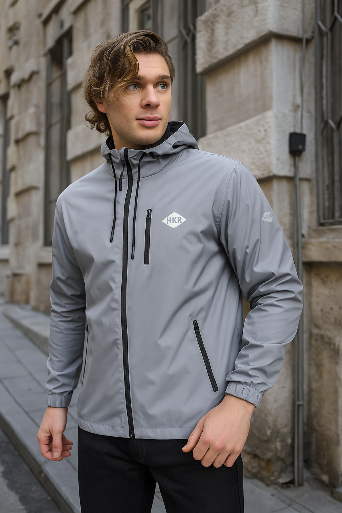 Erkek Astarlı Bol Cepli Gri Rüzgarlık & Yağmurluk