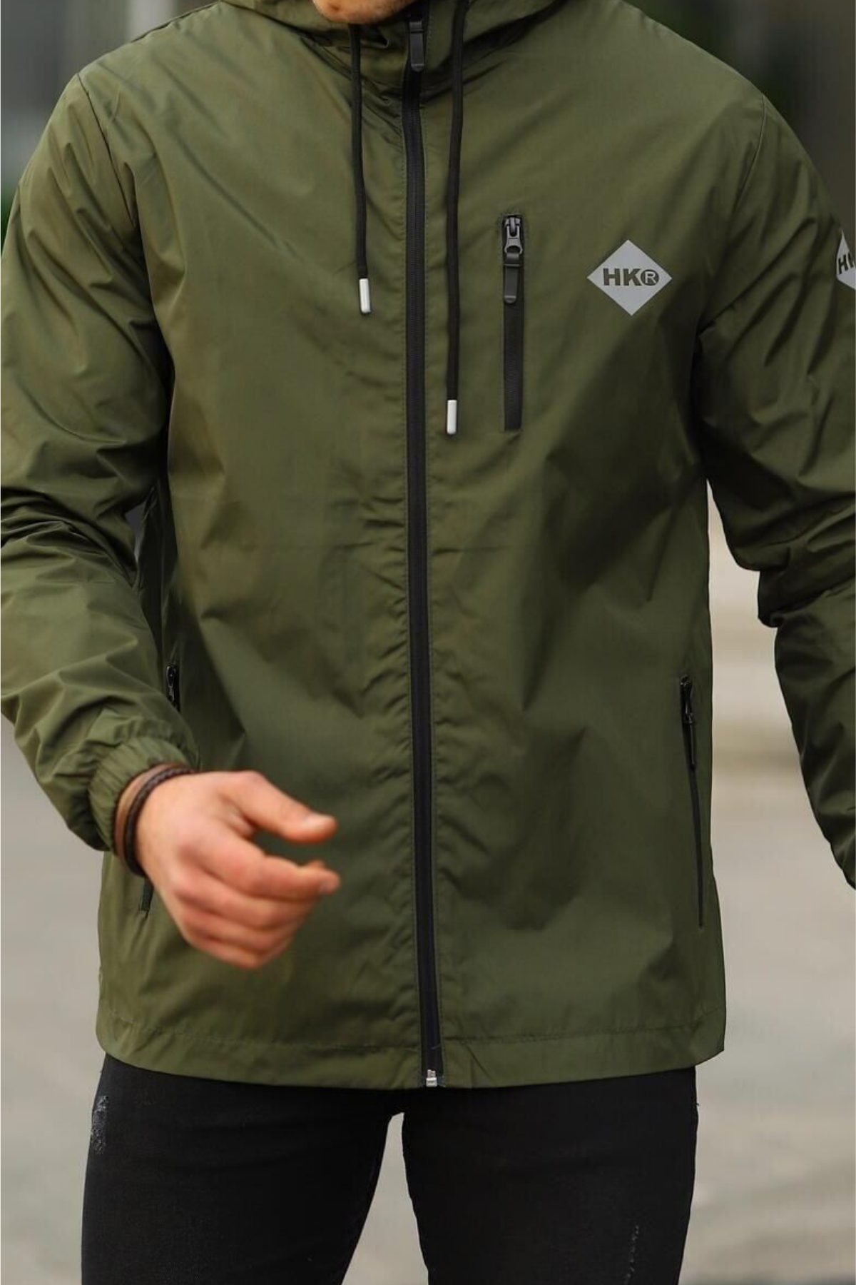 Erkek Astarlı Bol Cepli Haki Rüzgarlık & Yağmurluk