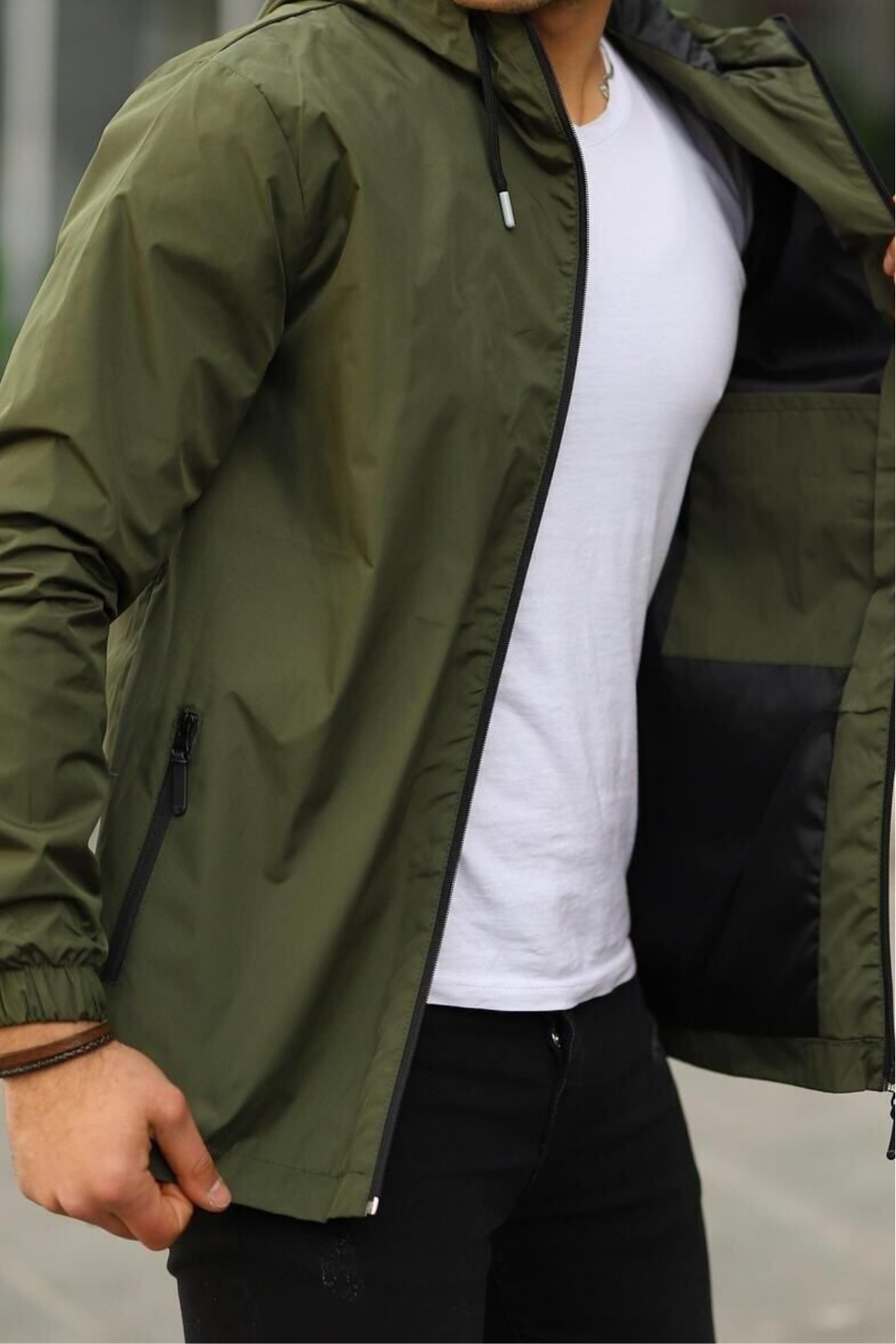Erkek Astarlı Bol Cepli Haki Rüzgarlık & Yağmurluk