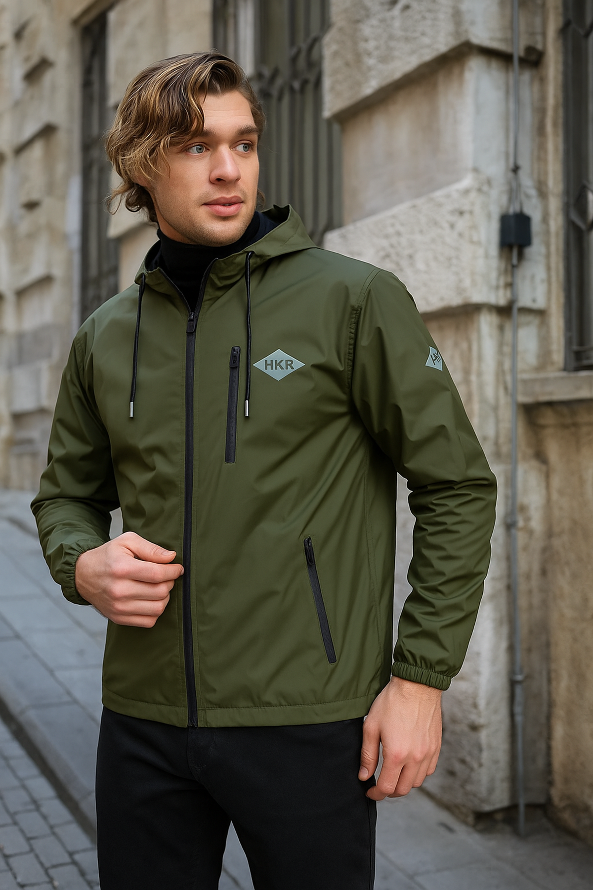 Erkek Astarlı Bol Cepli Haki Rüzgarlık & Yağmurluk