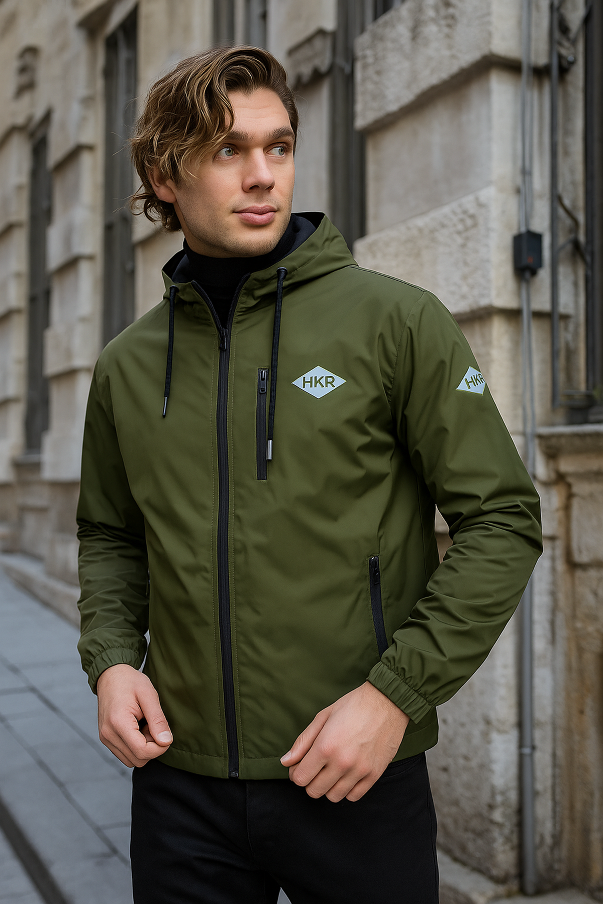 Erkek Astarlı Bol Cepli Haki Rüzgarlık & Yağmurluk