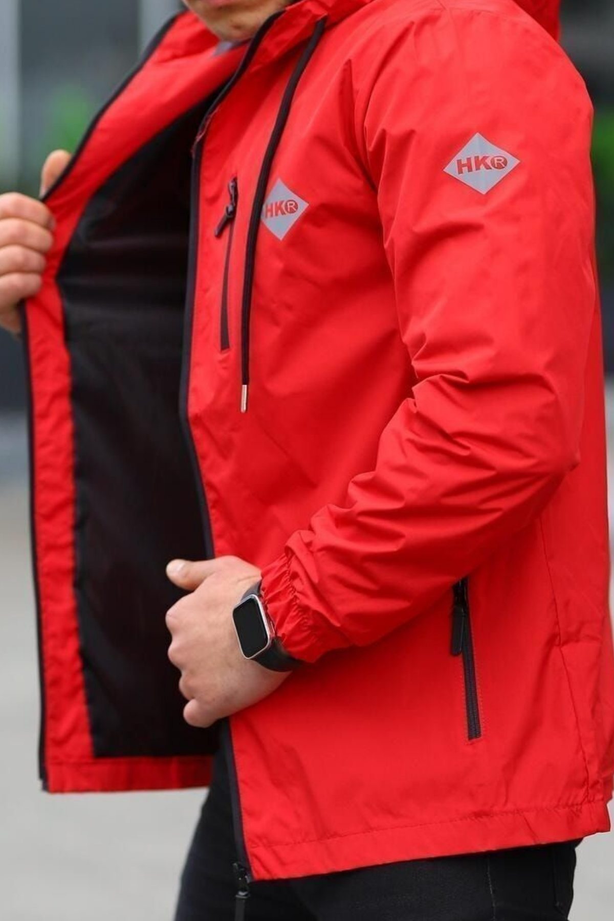 Erkek Astarlı Bol Cepli Kırmızı Rüzgarlık & Yağmurluk