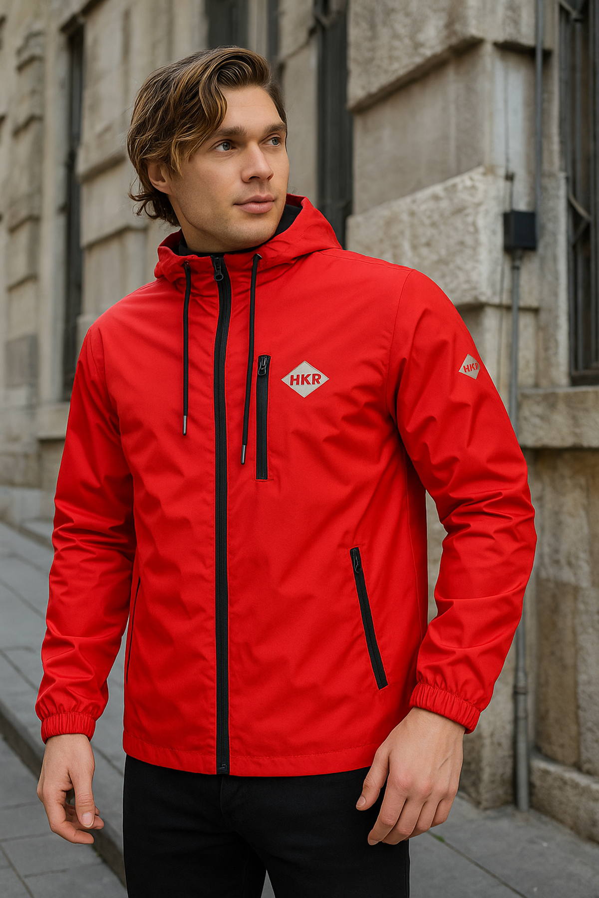 Erkek Astarlı Bol Cepli Kırmızı Rüzgarlık & Yağmurluk