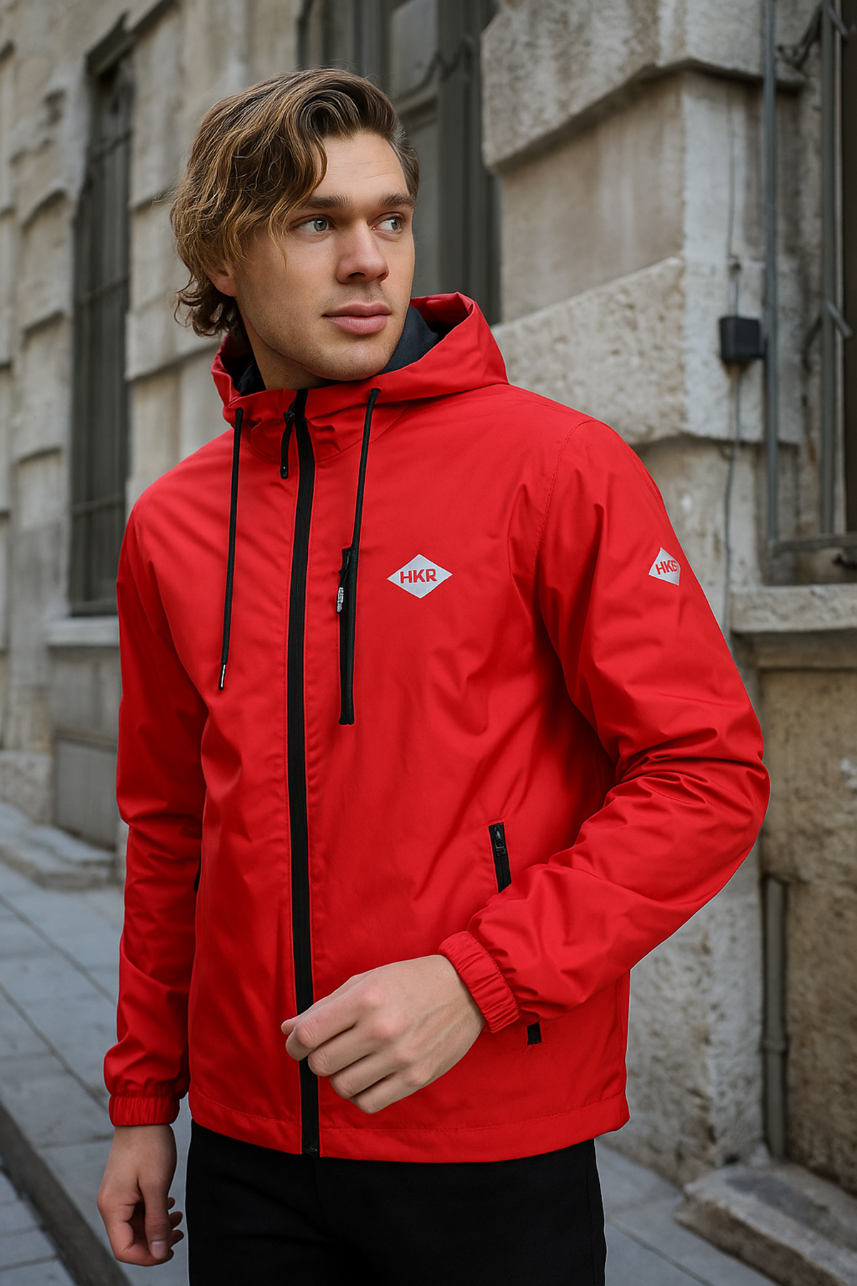 Erkek Astarlı Bol Cepli Kırmızı Rüzgarlık & Yağmurluk