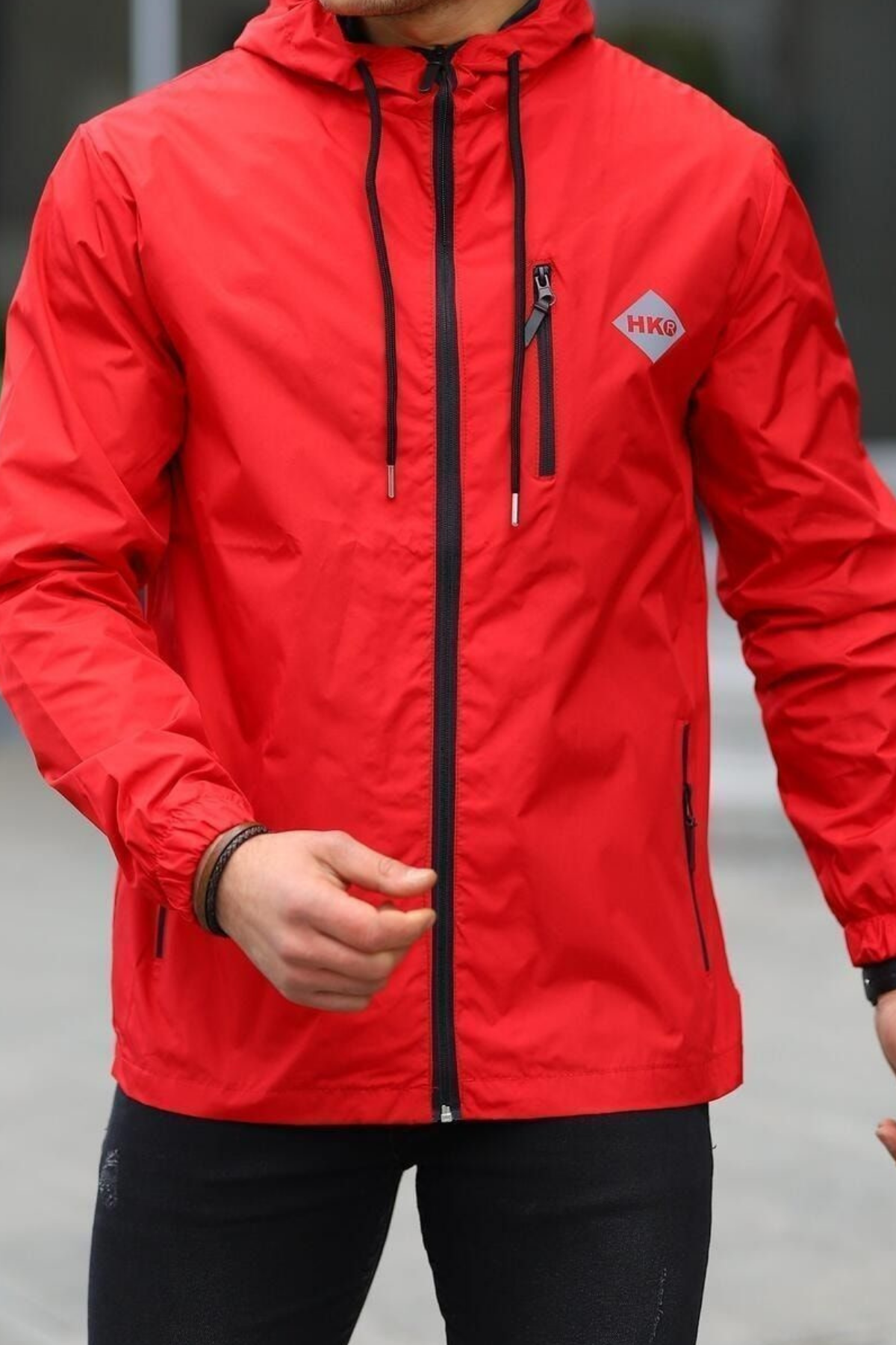 Erkek Astarlı Bol Cepli Kırmızı Rüzgarlık & Yağmurluk