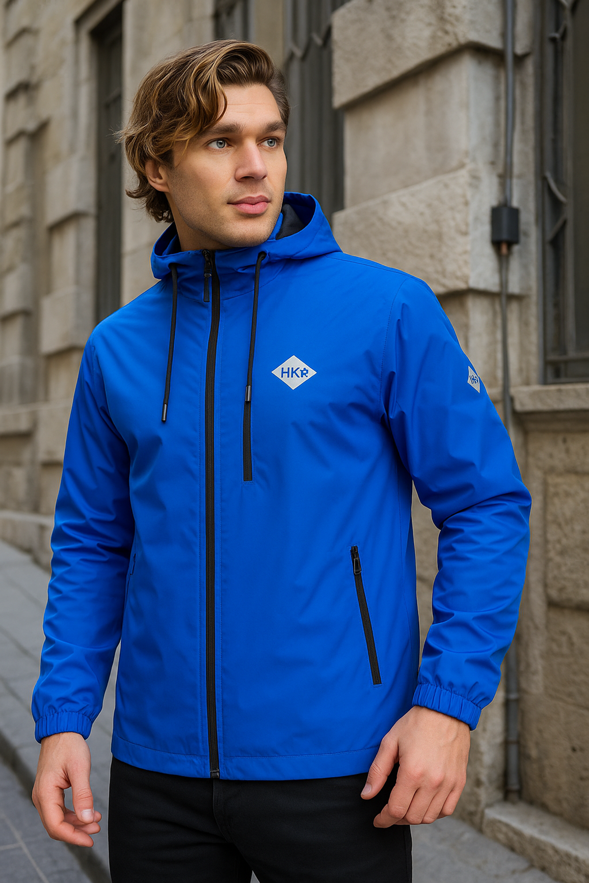 Erkek Astarlı Bol Cepli Mavi Rüzgarlık & Yağmurluk