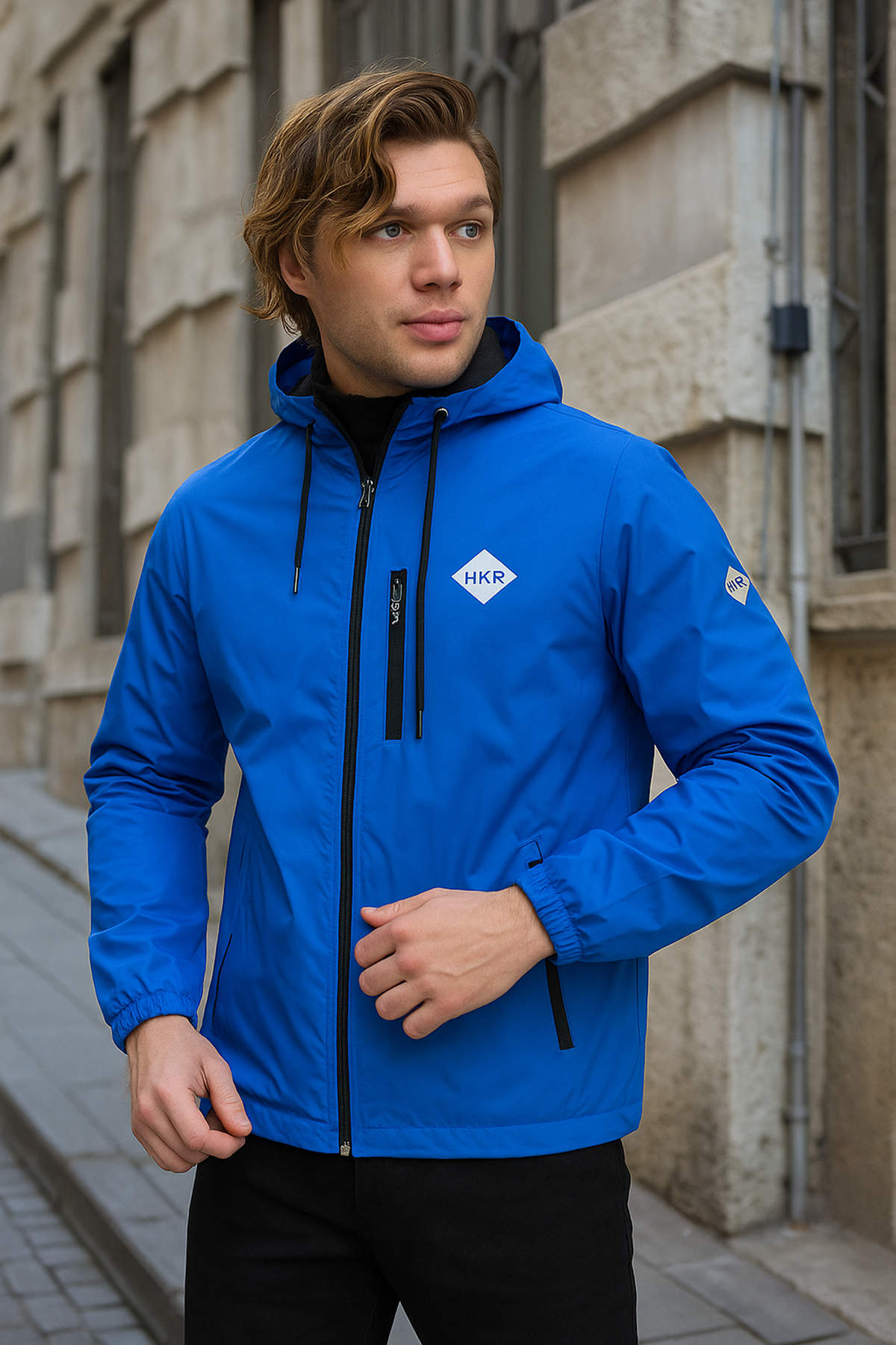 Erkek Astarlı Bol Cepli Mavi Rüzgarlık & Yağmurluk