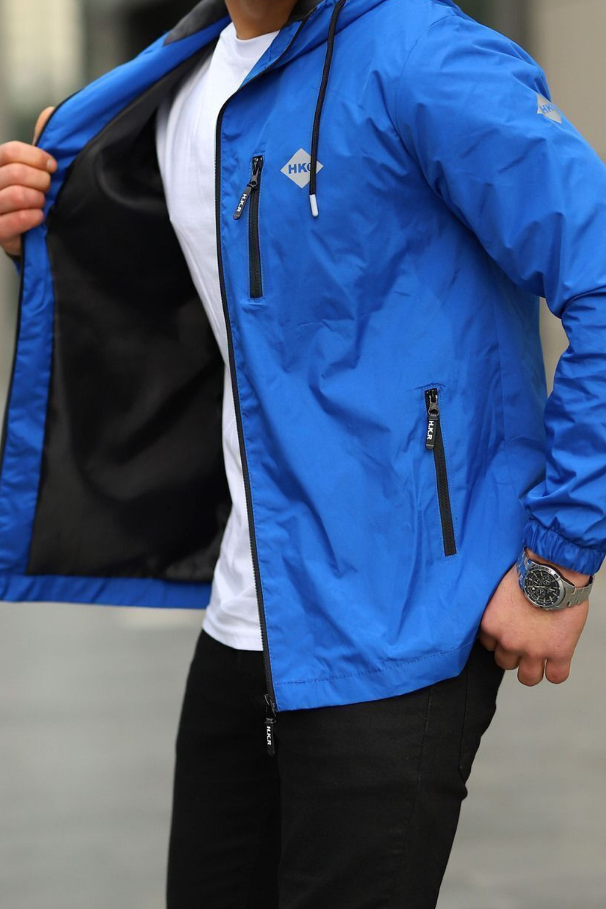 Erkek Astarlı Bol Cepli Mavi Rüzgarlık & Yağmurluk