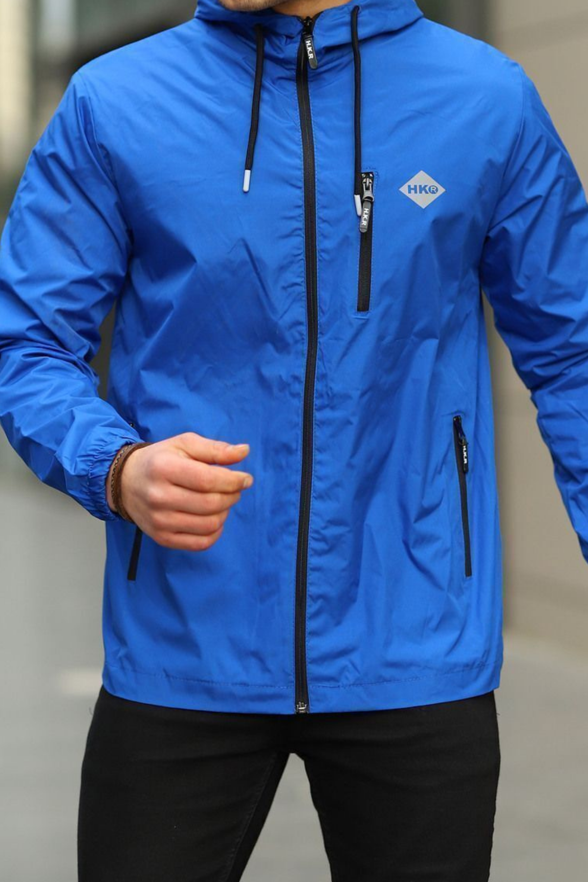 Erkek Astarlı Bol Cepli Mavi Rüzgarlık & Yağmurluk