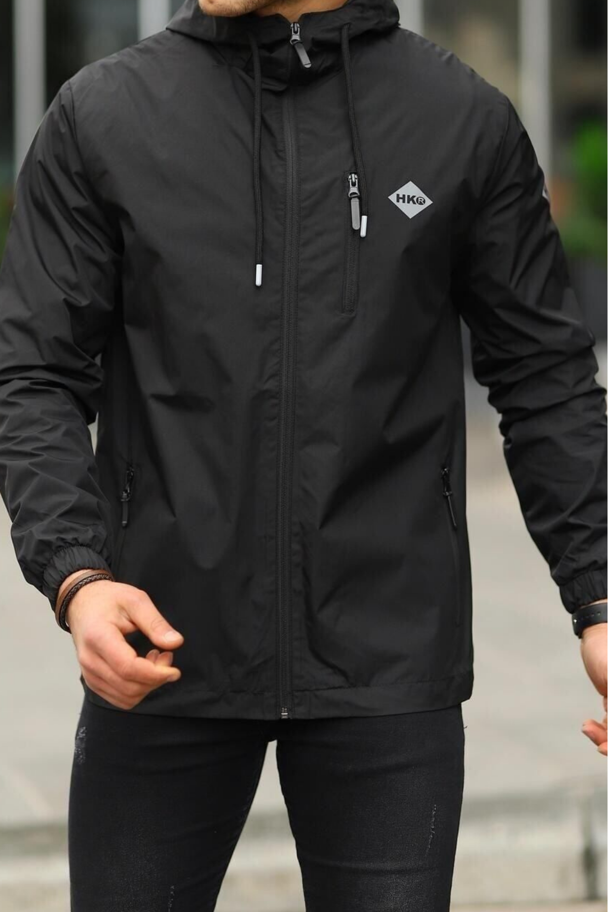 Erkek Astarlı Bol Cepli Siyah Rüzgarlık & Yağmurluk