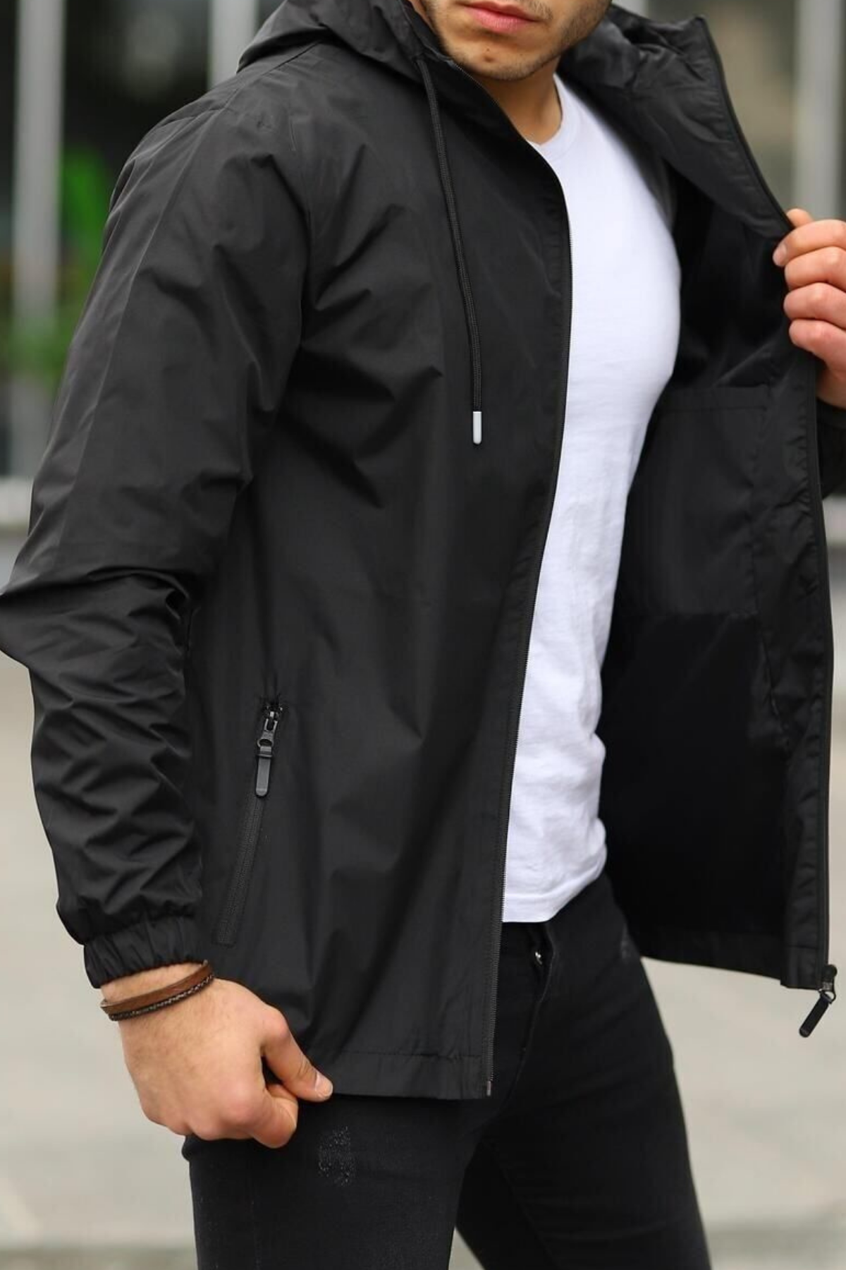 Erkek Astarlı Bol Cepli Siyah Rüzgarlık & Yağmurluk