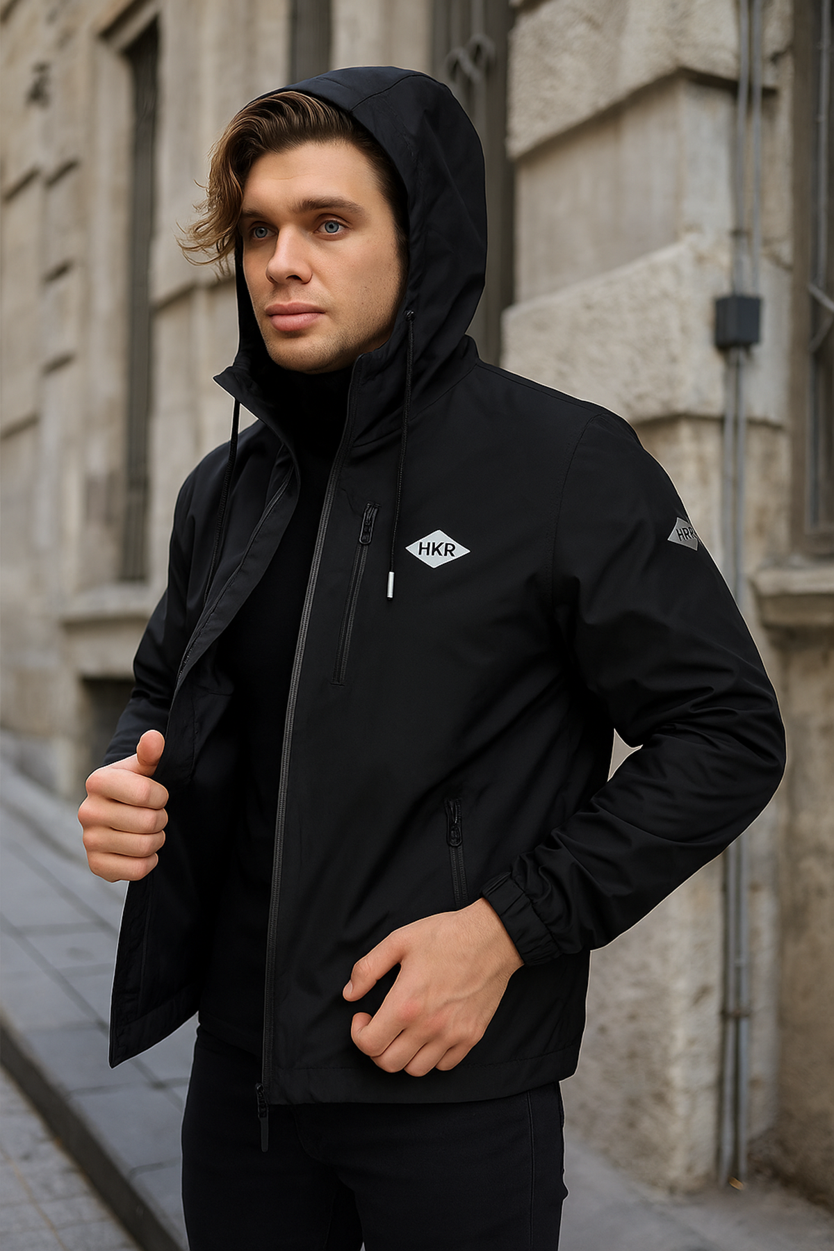 Erkek Astarlı Bol Cepli Siyah Rüzgarlık & Yağmurluk